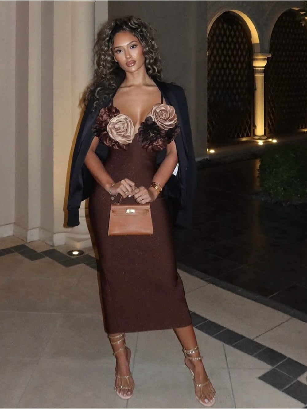 Fashion Nova Luxe Valentina Brown Bandage Midi Dress 3D Floral Applique Medium